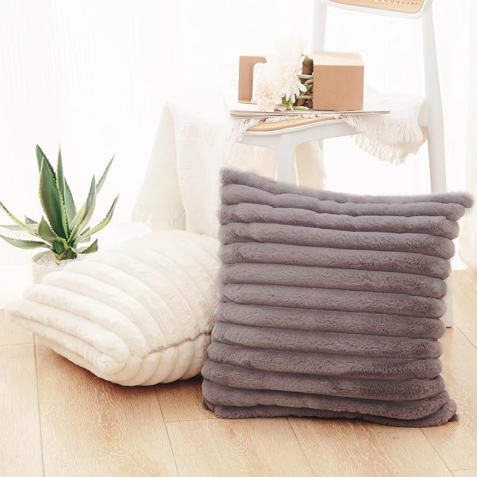 Decorative Throw Pillow with Inserts, Set of 2 Soft Faux Fur Throw Pillows, Square Boho Striped Pillow for Couch, Bed, Sofa Decor(Gray, 16" x 16")