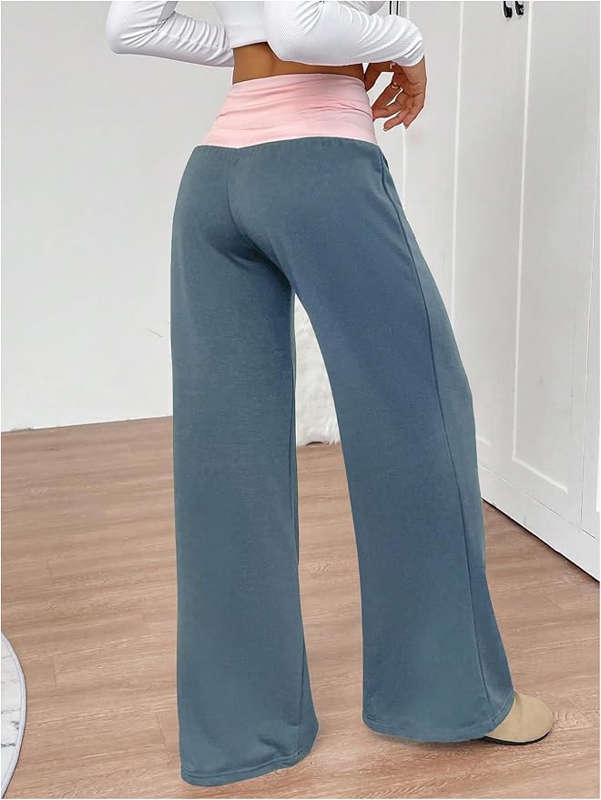 SOLY HUX Women's Sweatpants Color Block Low Rise Fold Over Waist Baggy Wide Leg Pants