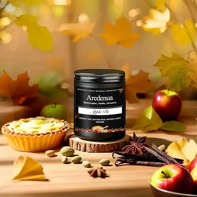 Fall Candle | Apple Pie Scented Candle - Autumn Seasonal Candles for Fall - 7oz Soy Candles for Home Scented, Thanksgiving Halloween Holiday Gift for Home - 50 Hours Long Burning -Black Jar