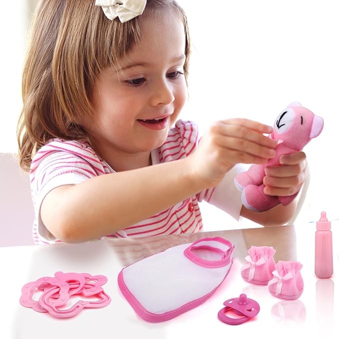 deAO 40 Piece Baby Doll Accessories Bag with Baby Feeding Accessories, Clothes, Doll Bear, Bath Toys, Soother Dummy and Much More - Great Nurturing Pretend Toy for Kids!