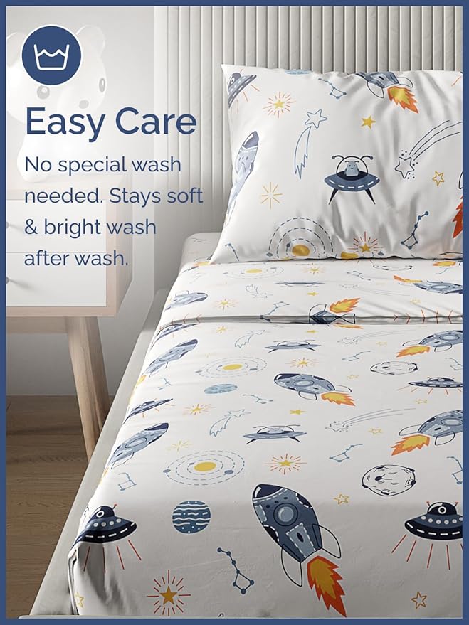 Kids Twin Size Bed Sheet Set - 3 Piece Kids Loft Bed Sheets - Space Galaxy Theme bedding - Soft, Cute - Breathable and Machine Washable - Spaceship Rocket Bed Set for Boys, Girls, Teens and Toddlers