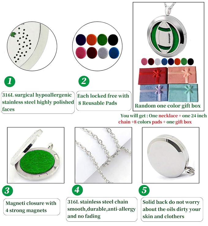 Essential Oil Diffuser Necklace, Hypoallergenic Stainless Steel Aromatherapy American Football Locket Pendant Jewelry Sets Birthday Christmas Mother's Day Gift for Women Men Teen