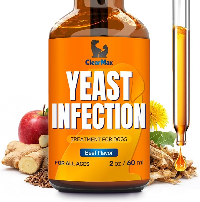 Yeast Infection Treatment for Dogs Soothes Itchy Ears and Irritated Skin – Helps with Allergies, Redness & Maintains Gut Work – Liquid Yeast Infection Drops for Dogs with Natural Beef Flavor – 2 Oz