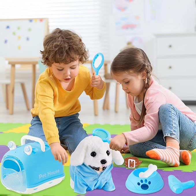 Dog Toys for Kids Girls, Walking and Barking Electronic Interactive Plush Puppy Toy Set and Pet Care Toy Set Accessories, Pretend Playset for Toddlers, Girl Role Play Gift for 3 4 5 6 Year Old