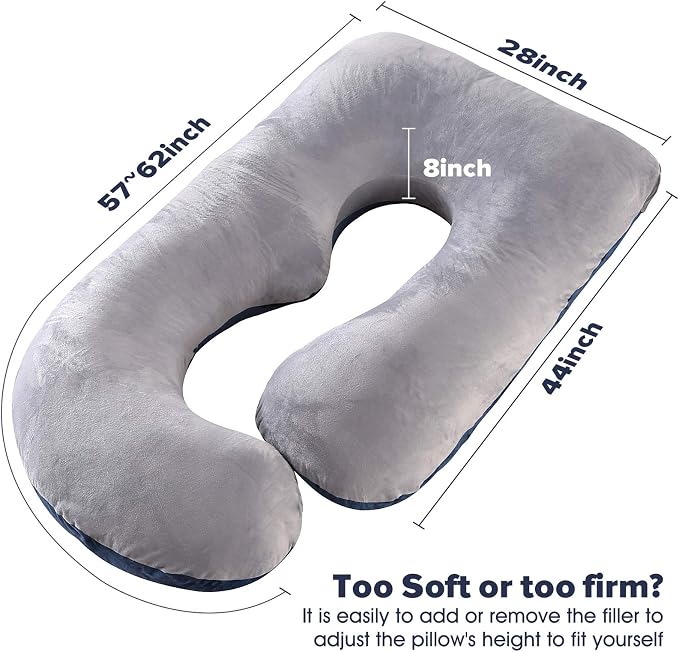 U-Shaped Full Body Pregnancy Pillow for Sleeping – 57" Maternity Pillow with Removable Cover, Support for Back, Legs, Belly & Hips (Velvet-Blue and Grey)