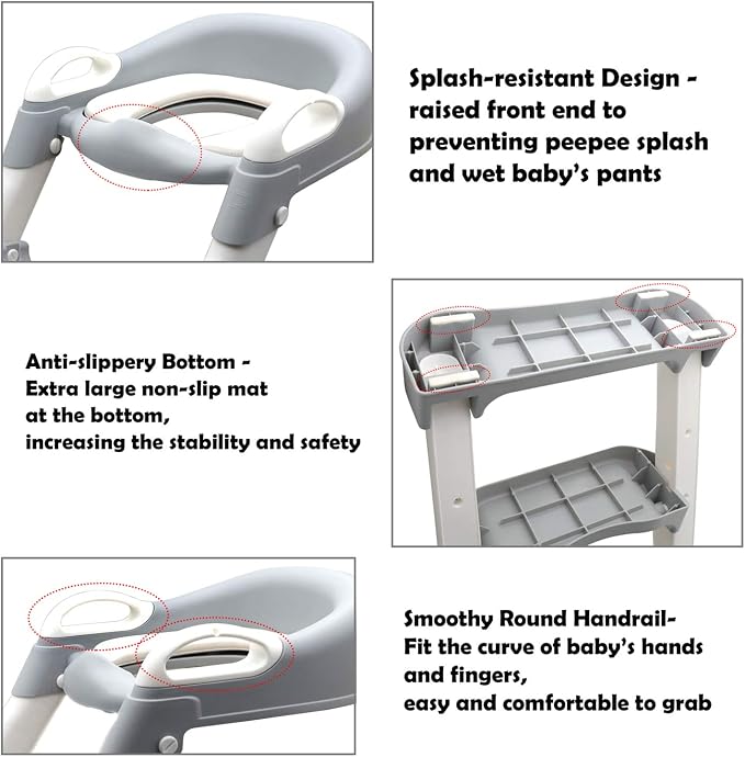 HongK- Classic Potty Training Toilet Ladder Seat With Upgraded Cushion Step Stool Ladder Toilet Chair/Toilet Trainer for Baby Toddler Kids Children In Gray [P/N: ET-BABY002-GRAY-C]