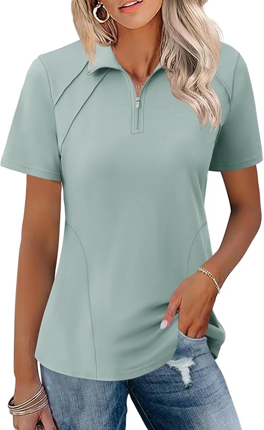 LOMON Womens Golf Polo Shirt Summer Short Sleeve Quarter Zip Outfit | Side-Pockets,Princess Seams,Cotton,Wrinkle Free,Moisture Wicking,Quick-Dry,Lightweight,Collared,for Tennis Workout
