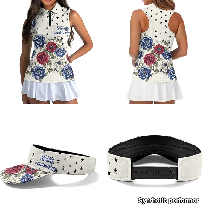 POLERO Golf Tank Top Women Golf Shirts and Visor Hat Collared Racerback Tennis Shirt Set Quarter Zip