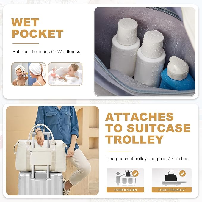 Travel Duffel Bag, Carry On Overnight Weekender Bags for Women | Travel Bag with Wet Pocket & Trolley Sleeve, For Spirit Airlines 18x14x8 Personal Item Bag