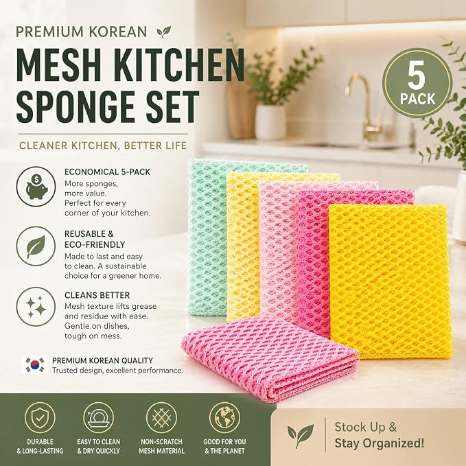 OliviaTree Dish Scrubber 5 Pack, Non Scratch Reusable Mesh Scrub Cloth for Washing Dishes Pots Pans Sink, Quick Dry Odor Resistant Sponge Alternative, Korean Kitchen Cleaning Pad 11 x 11 Inch