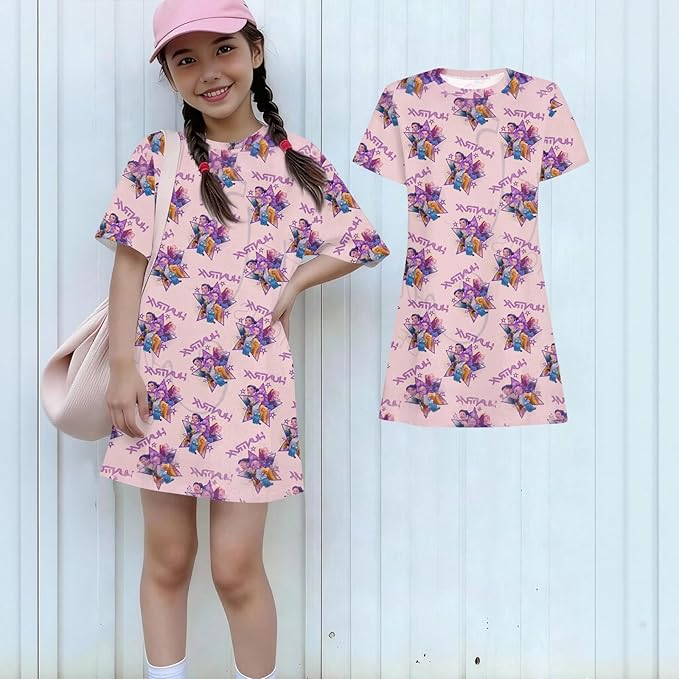 Girl's Anime K-POP Graphic Long Dress T-Shirt - Casual Loose Fit Short Sleeve Top
