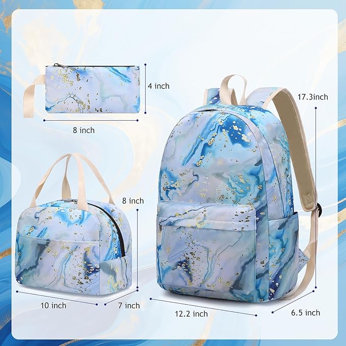 Bluboon Teen Girls School Backpack Kids Bookbag Set with Lunch Box Pencil Case Travel Laptop Backpack Casual Daypacks (Blue-white)