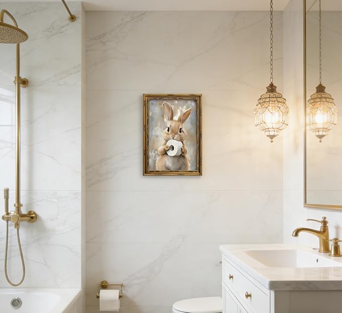 Vintage Gold Framed Bunny Easter Bathroom Wall Art Funny Rabbit and Toilet Paper Painting Canvas Prints Country Animal Picture Wall Decor Rustic Farmhouse Poster Artwork for Restroom Toilet Washroom