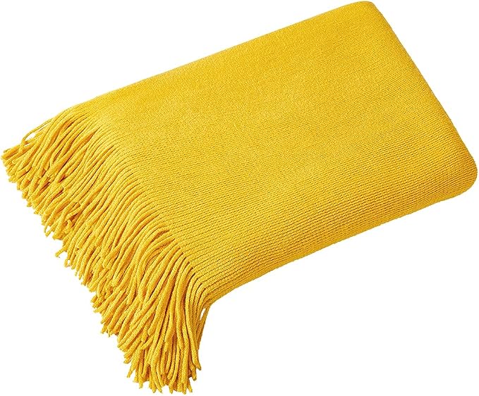 Homiest Mustard Yellow Knitted Throw Blanket with Fringe, 50x60 Inch | Pure Acrylic, Lightweight & Breathable, All-Season Use, Machine Washable, Wrinkle & Fade Resistant, for Couch Sofa And Bed