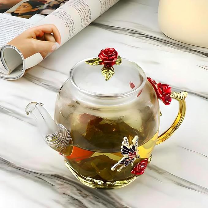 Glass Teapot -300 ml (10 oz), Flower Decoration Heat Resistant Glass Teapot Kettle with Golden Leaf Edge Color Floral Pattern Retro Teapot Tea Party Set (Red)