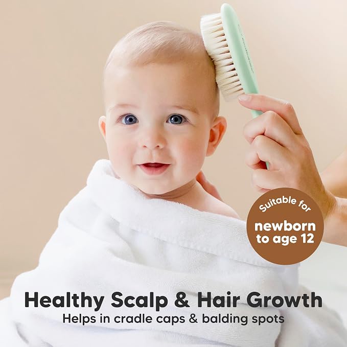 Wooden Baby Hair Brush Set for Newborns, Toddlers - Soft Goat Bristle Baby Brush and Comb Set Newborn Grooming Kit for Cradle Cap Care, Durable & Gentle, Boy, Girl Infant Essentials (Regular, Sage)