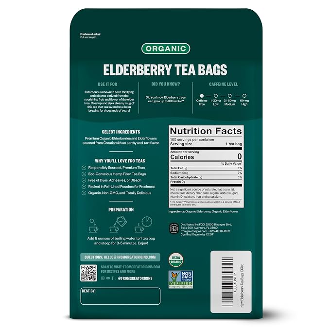 FGO Organic Elderberry Tea, 100 Count, Eco-Conscious Tea Bags, Resealable Bag, Packaging May Vary (Pack of 1)