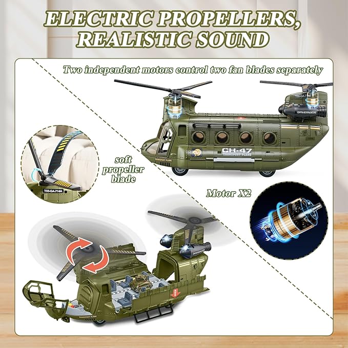 Military Helicopter Toys Set with Light - Friction Powered Transport Helicopter Toy with Army Tanks, Airplanes, Mini Cars - Army Toys Military Playset Christmas Birthday Party Gifts for Kids