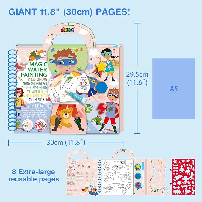 Avenir Reusable Water Coloring Book for Toddlers 3-5 Years, Road Trip & Airplane Mess-Free Portable Educational 4 in 1 Creative Set Water-Reveal Paint Activity Doodle Pad Kids Art Crafts