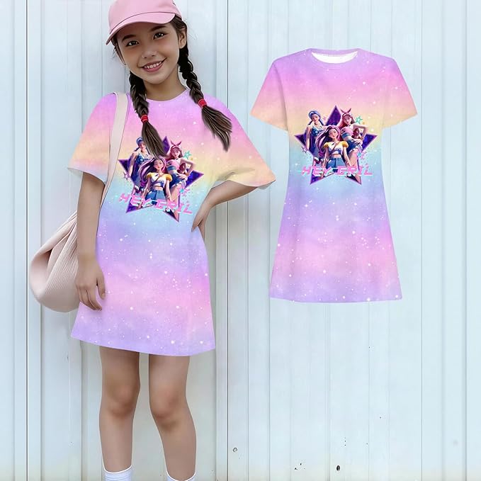 Girl's Anime K-POP Graphic Long Dress T-Shirt - Casual Loose Fit Short Sleeve Top