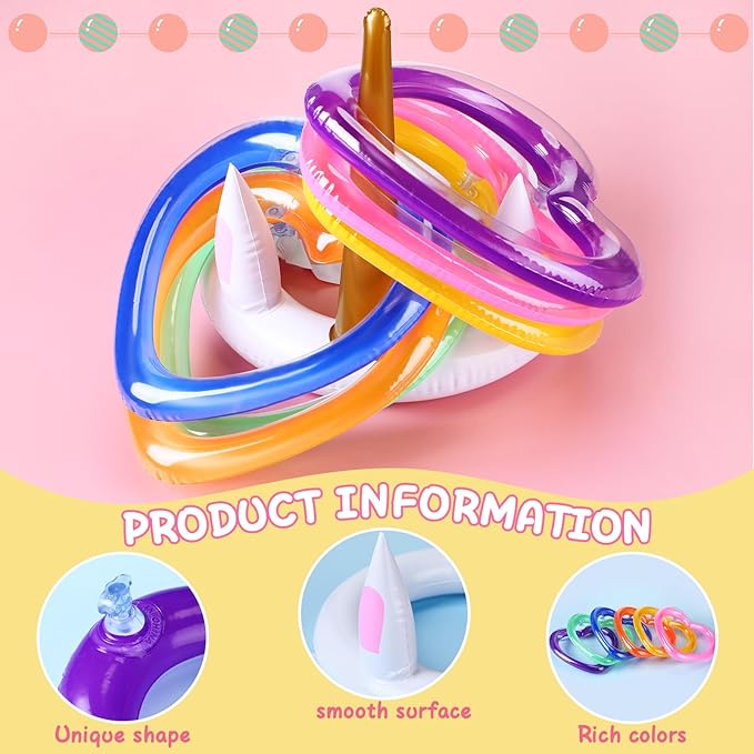 RoundFunny Unicorn Party Games with 1 Unicorn and 6 Heart Rings Inflatable Ring Toss Game Set Multicolor Toss for Party Outdoor Game Favors Birthday 1 Set