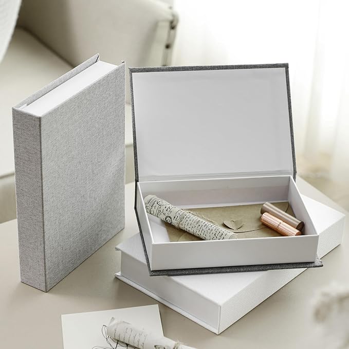 Tioncy 3 Pcs Decor Linen Faux Book Box Set Aesthetic DIY Fake Linen Book Box for Decor Storage Cafe Table Bookshelf Gift Home Keepsake(Multi Sizes,Gray Tone)