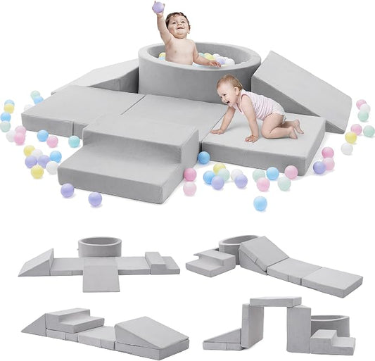 Elftopia Foam Climbing Blocks with Ball Pit & Stairs for Toddlers Aged 1-3 -Soft Playset for Indoor Crawling, Foam Playground Set for Baby to Active Playing Inside -(Balls NOT Included),Grey