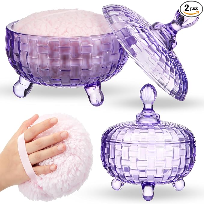 Tioncy 2 Pcs Extra Large Dusting Powder Puff and Container for Women-6'' Glass Crystal Dusting Powder Container with Body Soft Washable Reusable Velour Face(Purple,Weave Design)