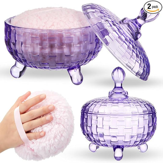 Tioncy 2 Pcs Extra Large Dusting Powder Puff and Container for Women-6'' Glass Crystal Dusting Powder Container with Body Soft Washable Reusable Velour Face(Purple,Weave Design)
