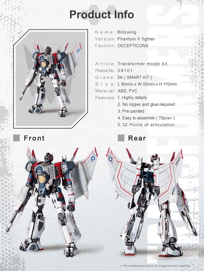 Blitzwing Figure Model Kit – Phantom II Fighter Easy to Assemble 3D Articulated Action Pre Painted Collectible Series Toys Hobby 08101