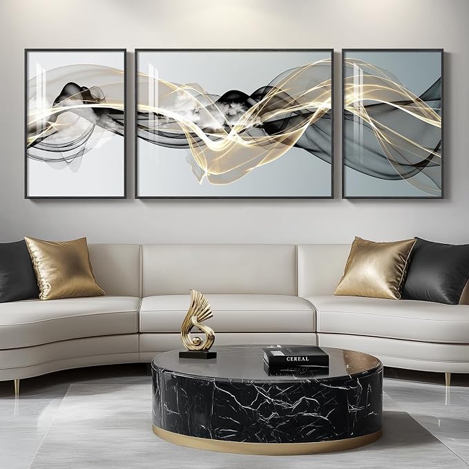 Extra Large Framed Modern Luxury Abstract Wall Art for Living Room, Set of 3 Minimalist Black White Gold Abstract Paintings Artwork for Walls, Big Art Prints Pictures for Hallway Dining Room Office Wall Decor