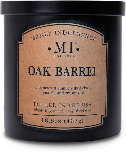 Manly Indulgence Oak Barrel Candles for Men, 2 Wick, 16.5 oz, Premium Soy Blend Wax, 60H Burn, Candles for Home Scented - Made in The USA