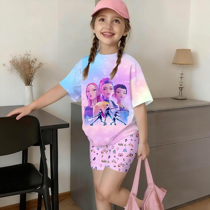K-POP DEM0N Hunters Outfits for Girls, 2 Piece T-Shirts and Apparel Sets Birthday Gift