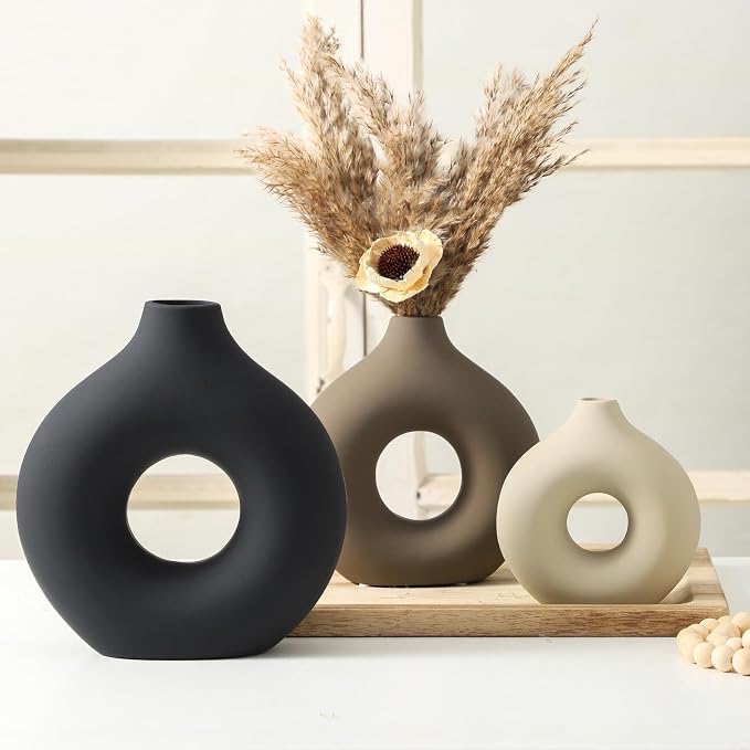 Vanselia Ceramic Vase Home Table Decor - Flower Vases Set of 3 Small Living Room Centerpiece Decorations for Shelf Bedroom Office Kitchen Dining Desk Modern Aesthetic Farmhouse Decorative (Classic)