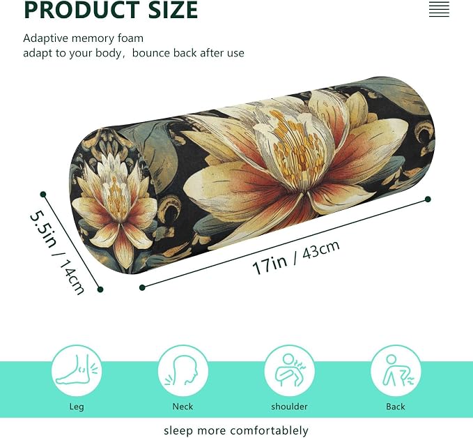 Boho Water Lily Flower Black Neck Roll Pillow Bolster Round Health Memory Foam Long Cervical Cylinder Pillows with Removable Washable Cover for Body Bed Legs Back Yoga