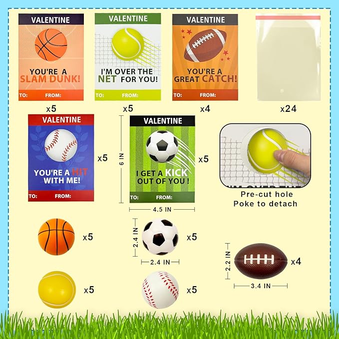 Sports Valentines Cards Gifts for Kids School Classroom -24 Pack,Mini Foam Ball Toys with Exchange Cards for Boys Girls,Valentines Party Favors Goodie Bag Stuffer Class Treats Prizes for Toddlers