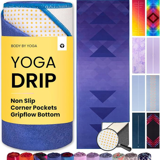 Yoga Drip Hot Yoga Towel – Non Slip Yoga Mat Towel with Corner Pockets, Silicone Grip Dots & Subtle Alignment Lines | Sweat Absorbent, Moisture Wicking, Quick Dry | No Bunching or Sliding | 72” x 26”