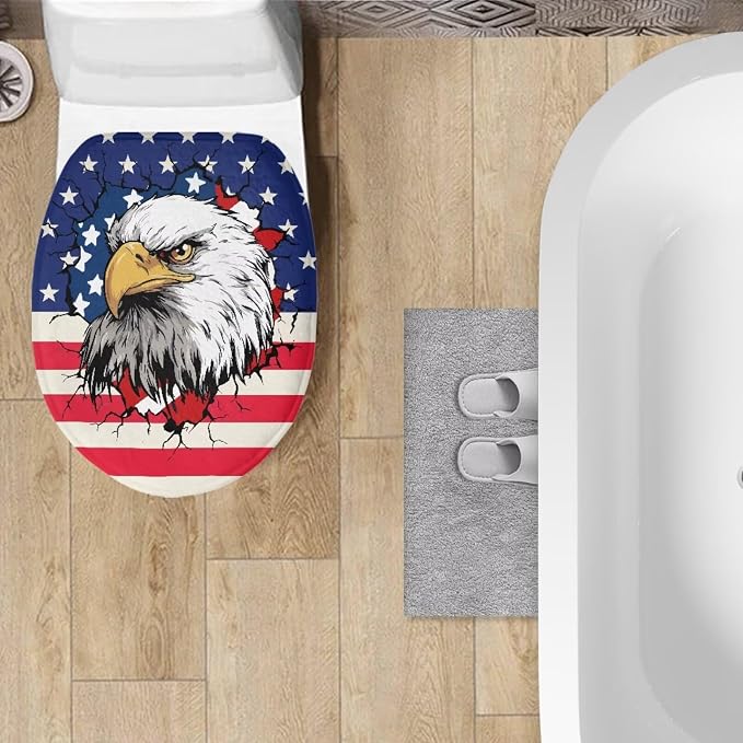 USA Eagle Poinsettia Toilet Seat Cover with Elastic Band for Bathroom Patriotic Decorations American Flag Toilet Tank Dust Cover Soft Toilet Seat Cover Universal for Most Toilet Bowl Lids