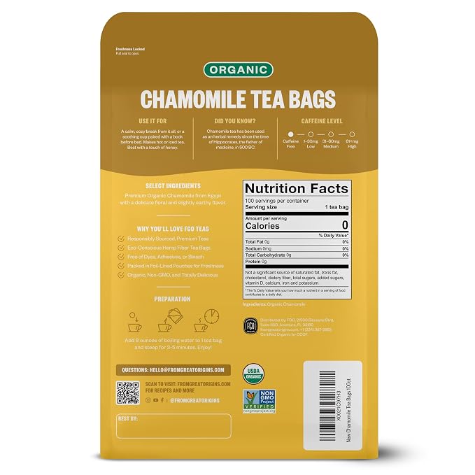 FGO Organic Chamomile Tea, 100 Count, Eco-Conscious Tea Bags, Resealable Bag, Packaging May Vary (Pack of 1)