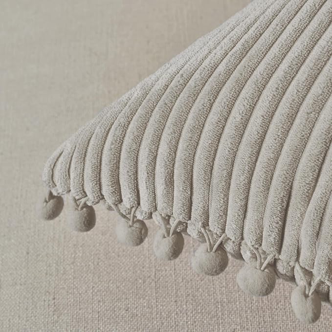 Fancy Homi Set of 2 Neutral Taupe Decorative Throw Pillow Covers 12x12 Inch with Pom-poms for Couch Bed Sofa, Modern Farmhouse Boho Home Decor, Soft Plush Corduroy Cute Cushion Case 30x30 cm