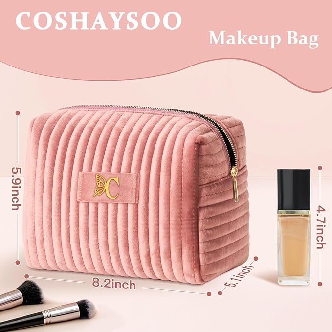 COSHAYSOO Personalized Birthday Retirement Gifts for Women Unique Travel Makeup Bag Quilted Make Up Cosmetic Pouch Woman Friend Gift Pink Velvet Beauty Accessories Organizer Initial Letter C