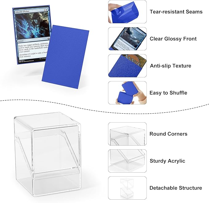 YSCare Card Deck Case, Deck Box with 100 Pack Card Sleeves and Divider, Standard Size Clear Commander Cards Storage Box Fit for MTG, Sport, Trading Cards (Navy Blue)