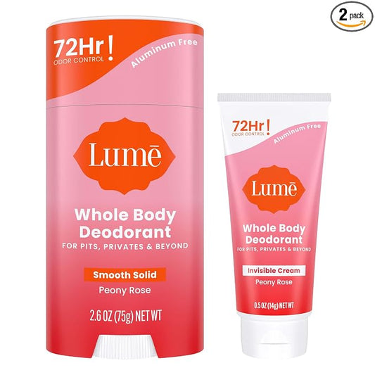 Lume Whole Body Deodorant - Invisible Cream Tube Mini + Solid Stick Bundle - 72 Hour Odor Control - Aluminum & Baking Soda Free, Skin Loving (Peony Rose)