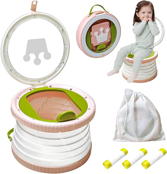 2025 Upgraded Portable Potty Training, Foldable Toilet,Travel Potty for Toddler, Apply to Seat Emergency Toilet for Camping, Outdoor, Car, Indoor, Including 3 rolls of garbage bags (White-Pink)