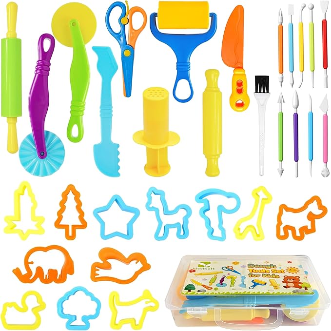 Kleeblatt Dough Tools Set for Kids - 31 Pcs Playdough Kit with 9 Basic Dough Tools,9 Double-Headed Clay Carving Tools,12 molds & Cleaning Brush, Safe for Toddlers Ages 2-8, for Clay/Plasticine/Sand