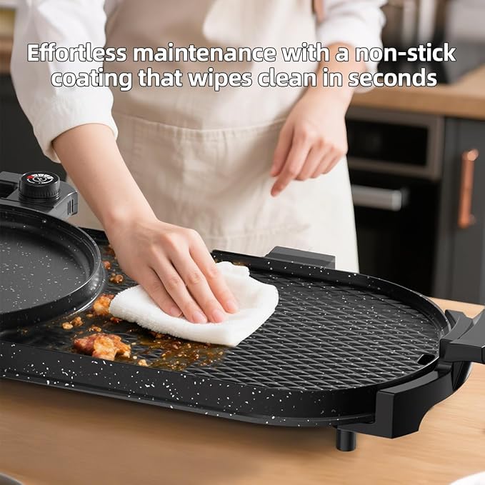 AORAN Electric Grill and Hot Pot Combo for Indoor Cooking, 2200W Detachable Dual Zone BBQ Griddle with Removable Split Pan, Non-Stick Surface, 29x11 Inch Family Size, Includes Grill Tools & Oil Paper