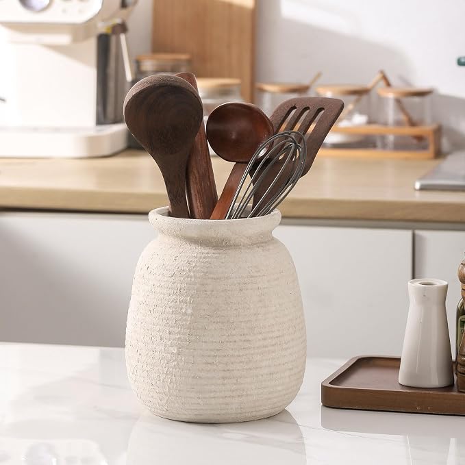 Ceramic Flower Vases Home Decor, Rustic Farmhouse Decorative Vase Pottery Wide-Mouth Vases for Home Decor Table Living Room Entryway Mantel Bookshelf Bedroom Bathroom Kitchen - 7.48" W
