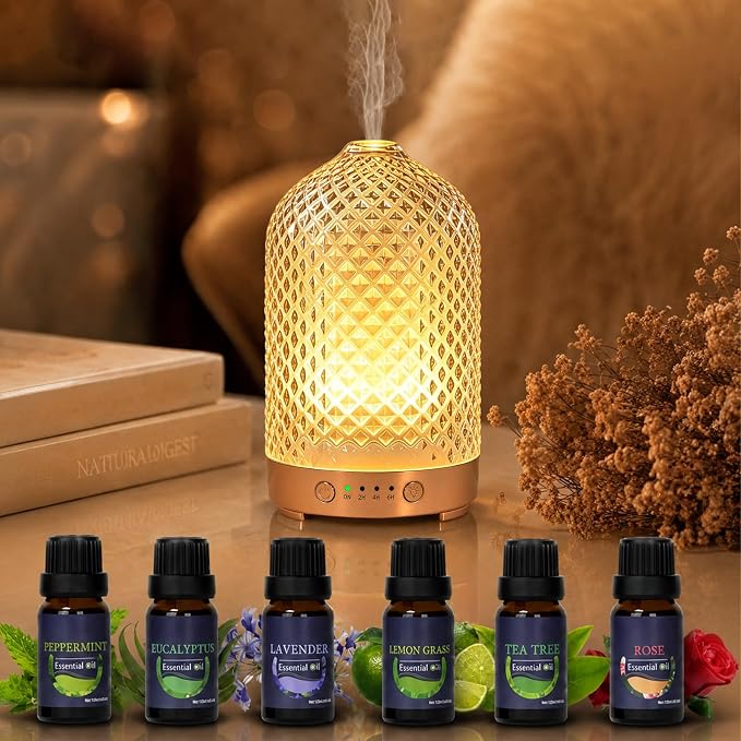 Essential Oil Diffuser for Home- 200ml Aromatherapy Diffuser for Essential Oils with 4 Timer, 7 Color LED Lights Waterless Auto Shut-Off for Home Office Décor Gifts for Women
