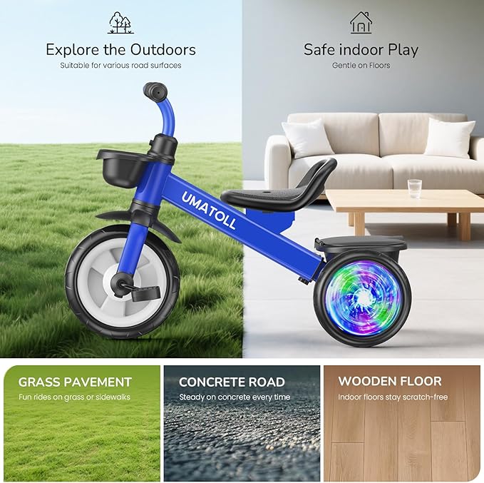 Umatoll Tricycle for Toddlers 2-5 Year Old, Ajustable Toddler Bike Outdoor Toys, Birthday Gift for Boy Girl Age 2-4, Trike with Light up Wheels (Blue)