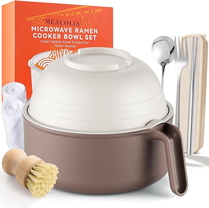 MEACOLIA Large Ramen Bowl Set, Microwave Noodle Pasta Cooker with Lid and Strainer, Stainless Steel Travel Utensils, College Dorm Room Essentials for Girls Guys (Beige)